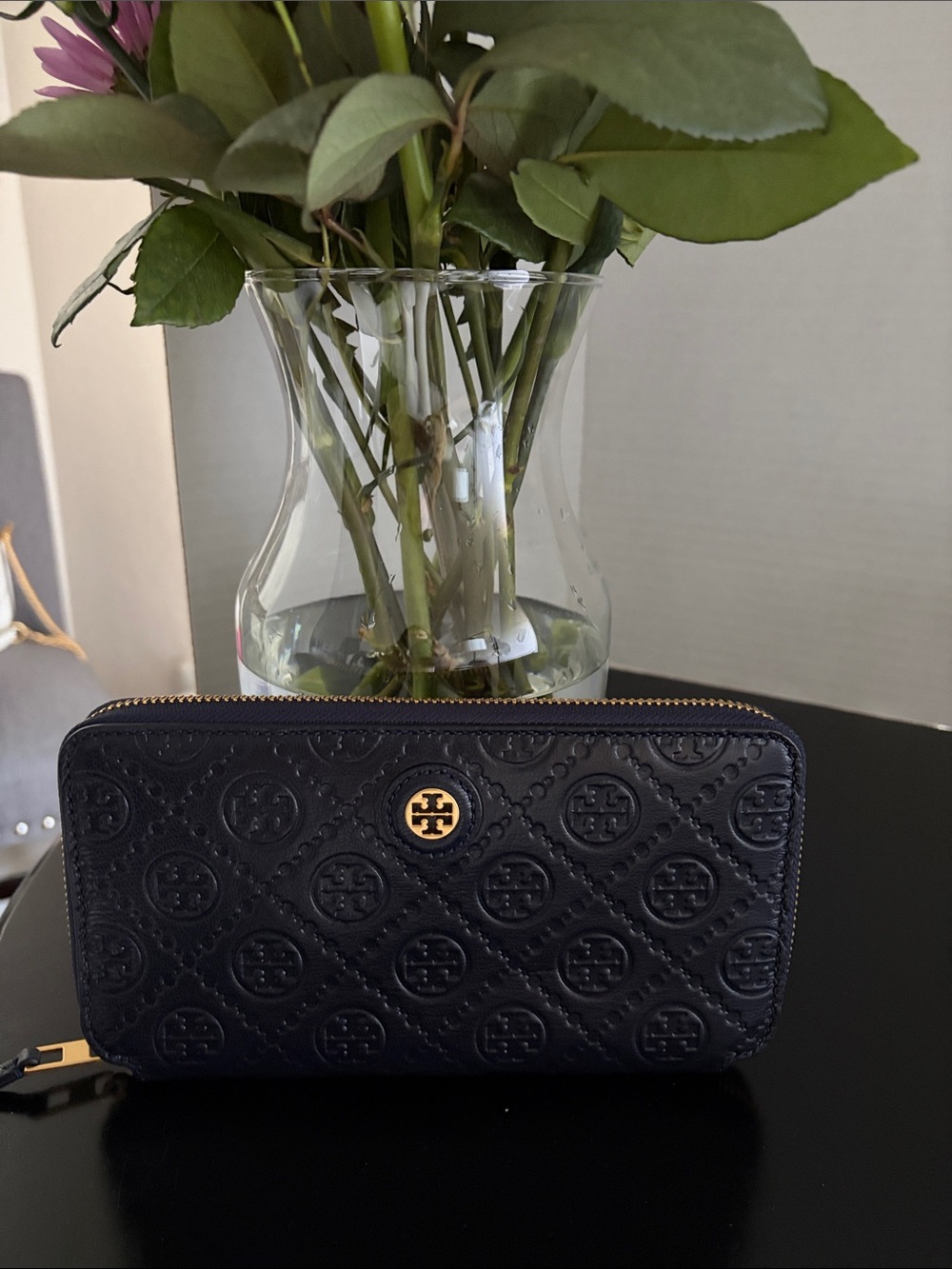 Tory Burch Navy Quilted Logo Zip-Around Wallet with Gold Accent
